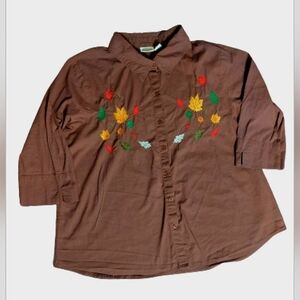 ⭐️5/$25 Brown Vtg Collections Etc Embroidered Fall Leaves Button Down 3/4 Sleeve